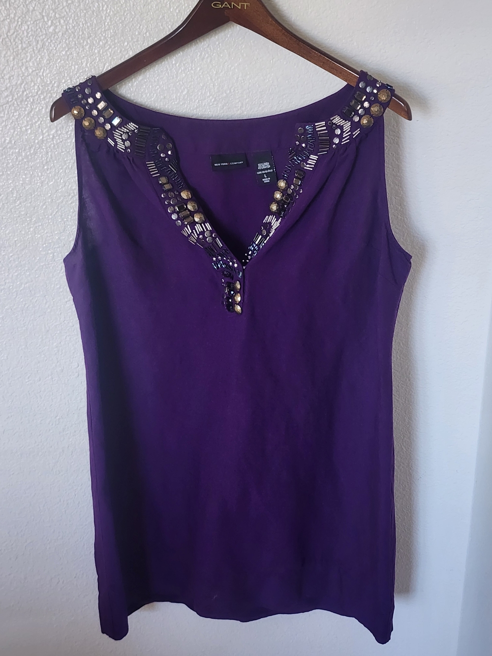 New York & Company Purple Beaded Linen Blend Tunic Top L